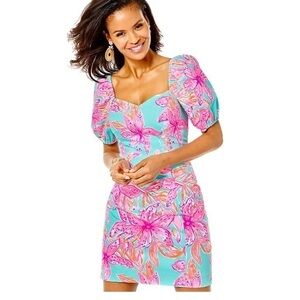 Lilly Pulitzer Lunetta Short Sleeve Stretch Dress Surf Blue Bonita Blooms 4